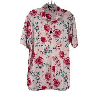 Bad Birdie Golf Polo Mens Size M Pink Floral Short Sleeve Preppy Quick Dry Funky